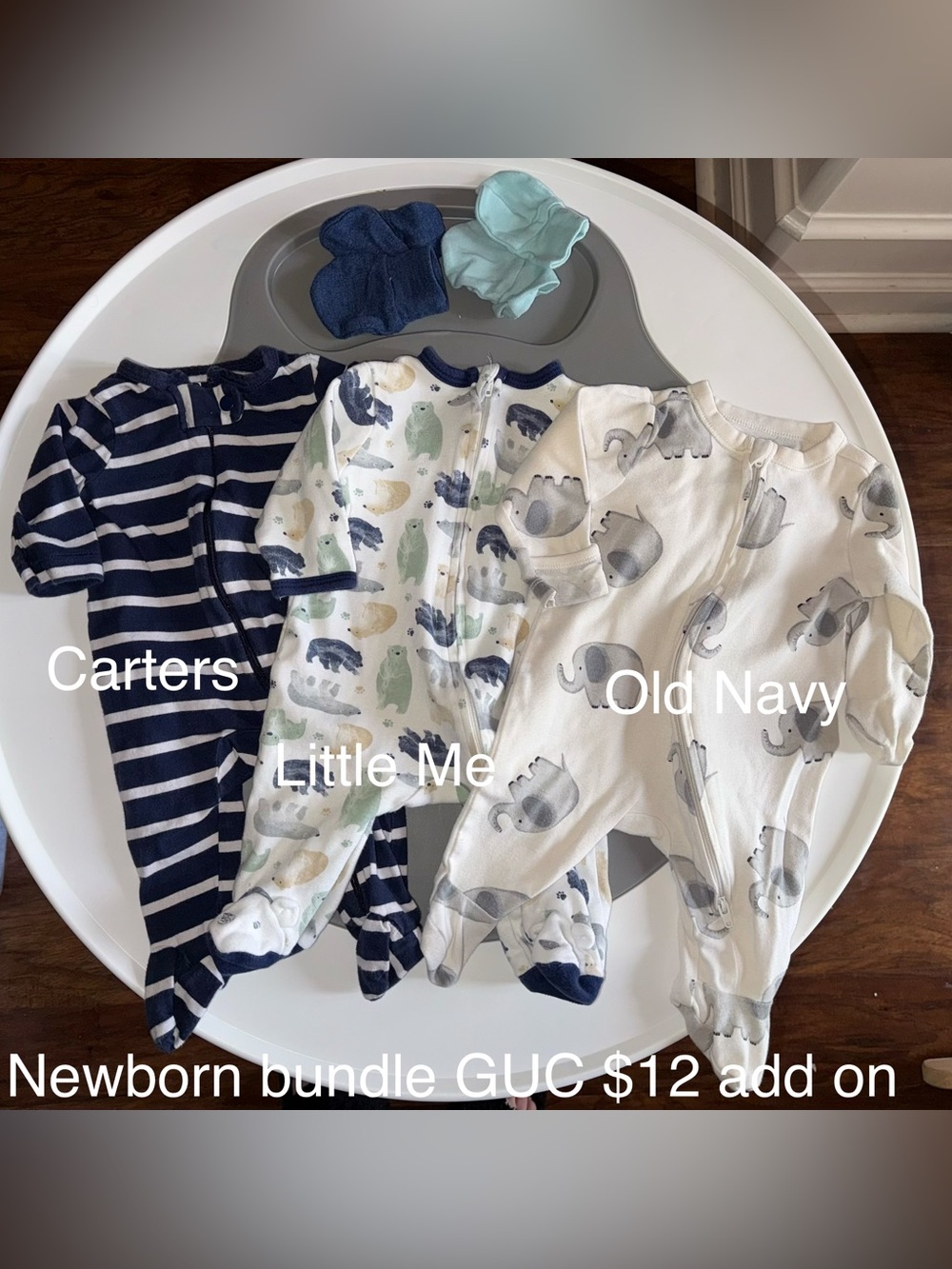 Old Navy Elephant, Polar Bear, Navy Stripe Footed One-Piece Bundle, Mittens